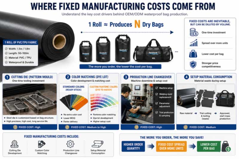 What drives a dry bag MOQ — fabric roll minimums, cutting die setup, custom dye runs, line changeover